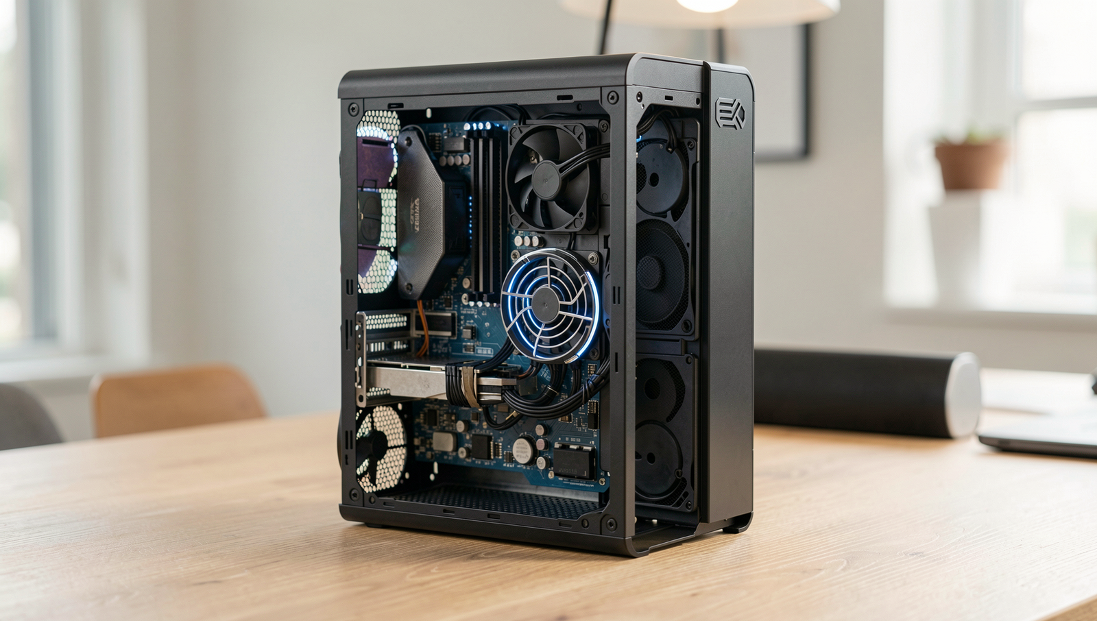 A modern workspace featuring an upgraded old PC with sleek accessories and natural lighting.