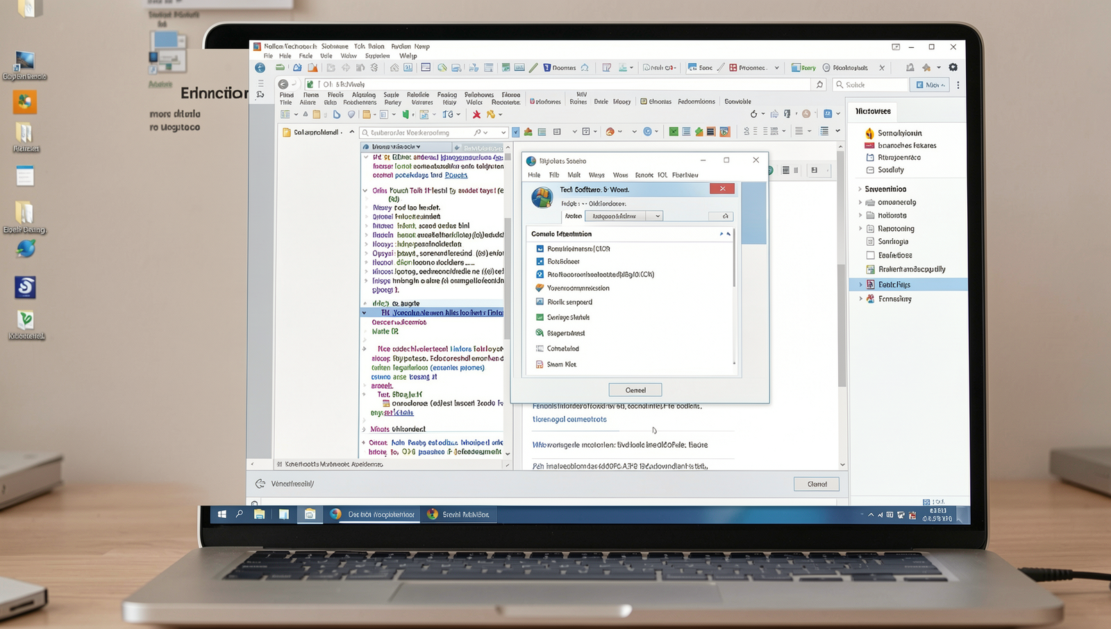 A desktop displaying various software applications in a realistic setting.